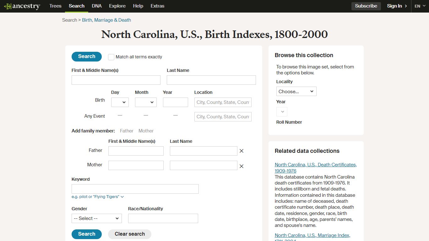 North Carolina, U.S., Birth Indexes, 1800-2000 - Ancestry